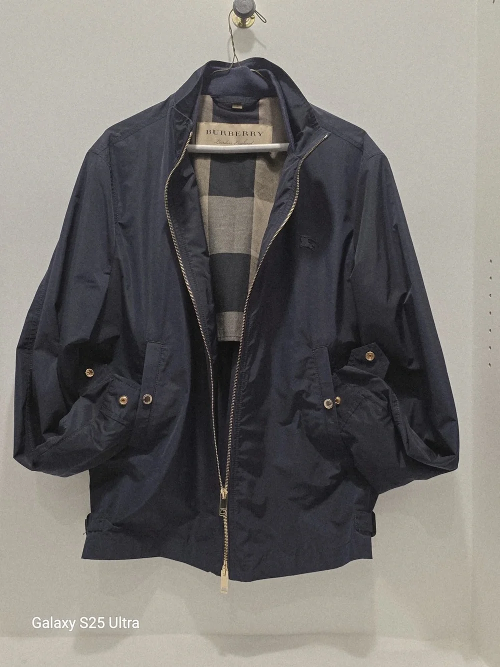 Burberry Navy Lightweight Zip-Up Jacket with Check Lining